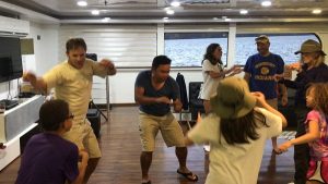 Dancing aboard the Petrel in the Galapagos