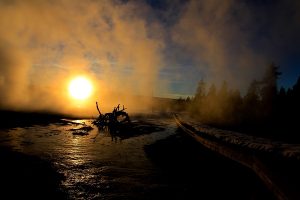 ountain Paint Pots and Geyer Basin at Sunset in Yellowstone National Park