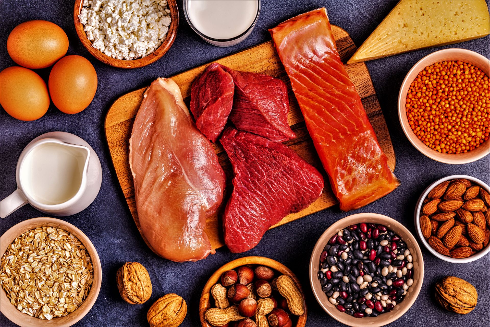 Sources of healthy protein - meat, fish, dairy products, nuts, legumes, and grains.