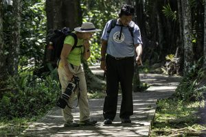 Natural habitat adventures and WWF guide in Borneo instructs guest traveler about photography