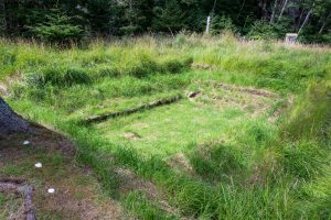A longhouse pit. This would have been covered with a massive frame of Red Cedar logs and shingles. Loggers were using this village site to move logs and machinery out of the forest behind. It was likely a Chief's house. Skedans / Koona Village