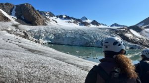 Woman with Nat Hab helmet hiking in Greenland